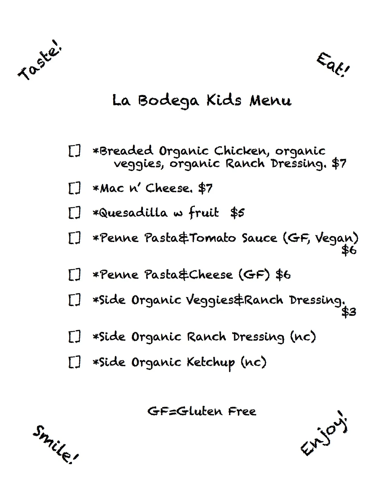 Kids Ala Carte menu