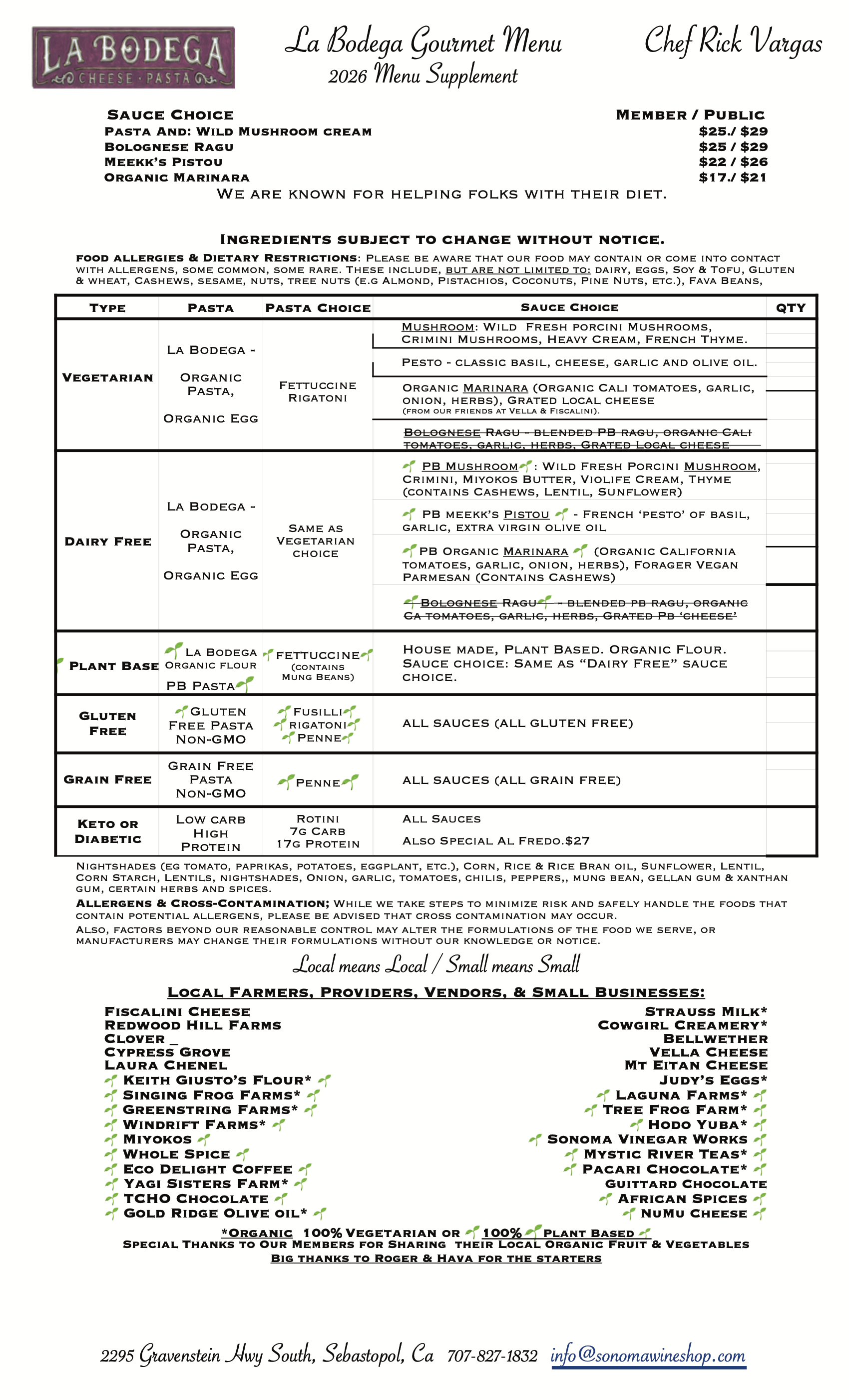 Menu Supplement - Pasta Puzzle? or Pasta Paradise ! -- We Support Local Farms, Dairies and More