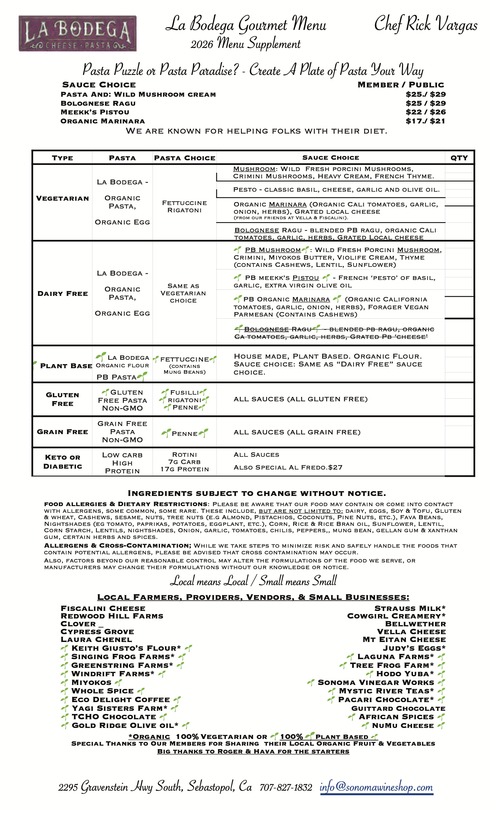Menu Supplement - Pasta Puzzle? or Pasta Paradise ! -- We Support Local Farms, Dairies and More