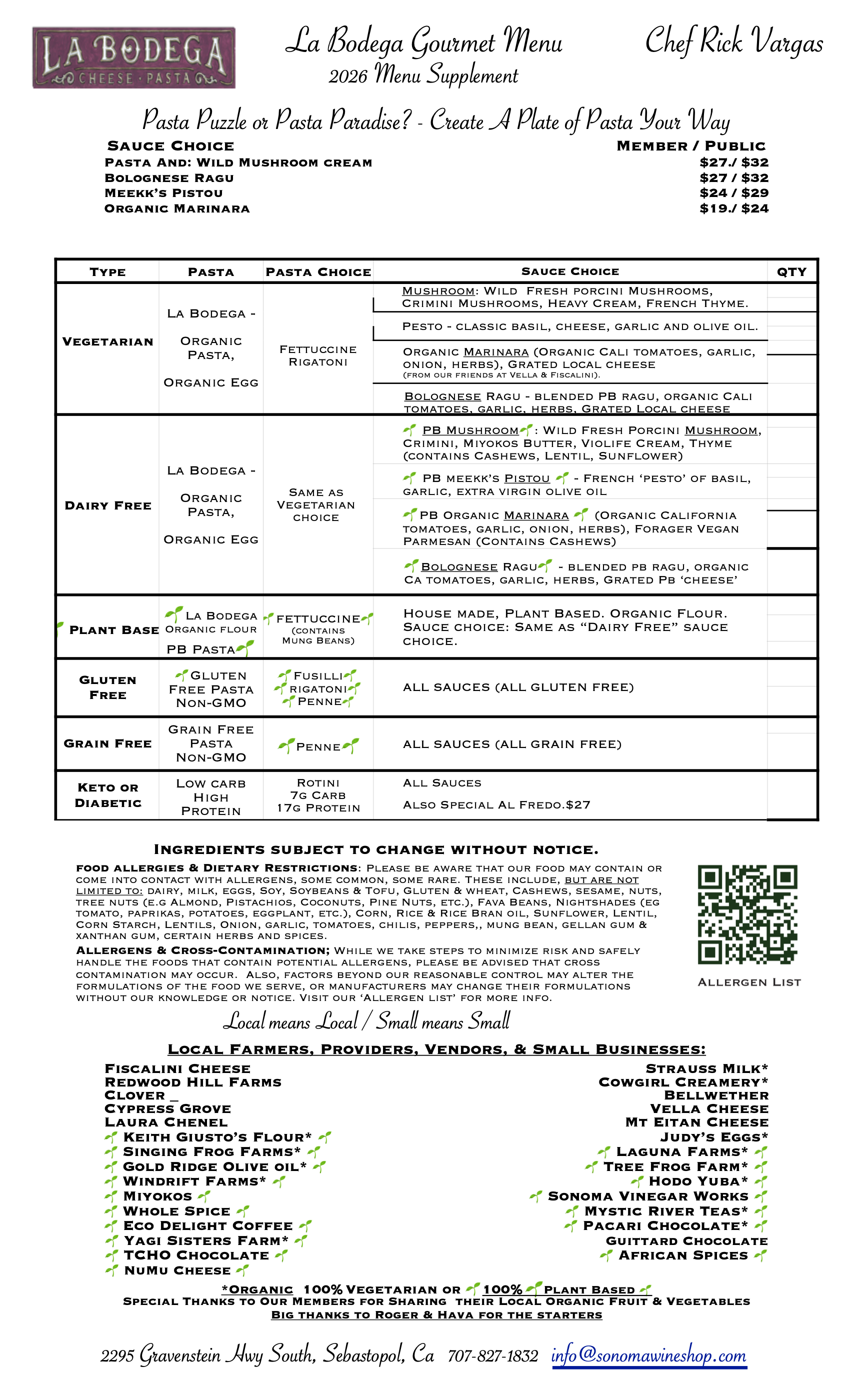 Menu Supplement - Pasta Puzzle? or Pasta Paradise ! -- We Support Local Farms, Dairies and More
