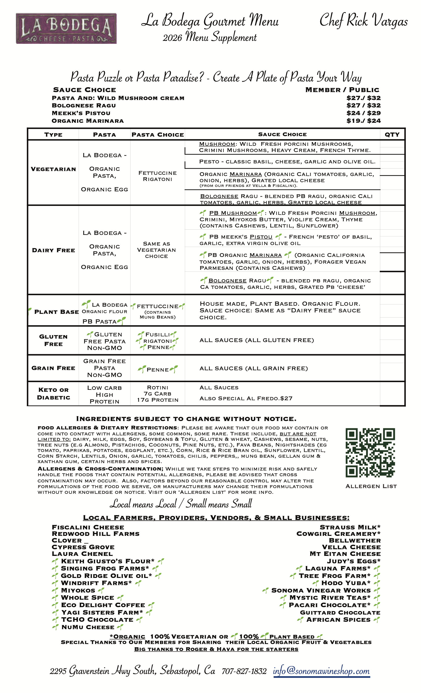 Menu Supplement - Pasta Puzzle? or Pasta Paradise ! -- We Support Local Farms, Dairies and More