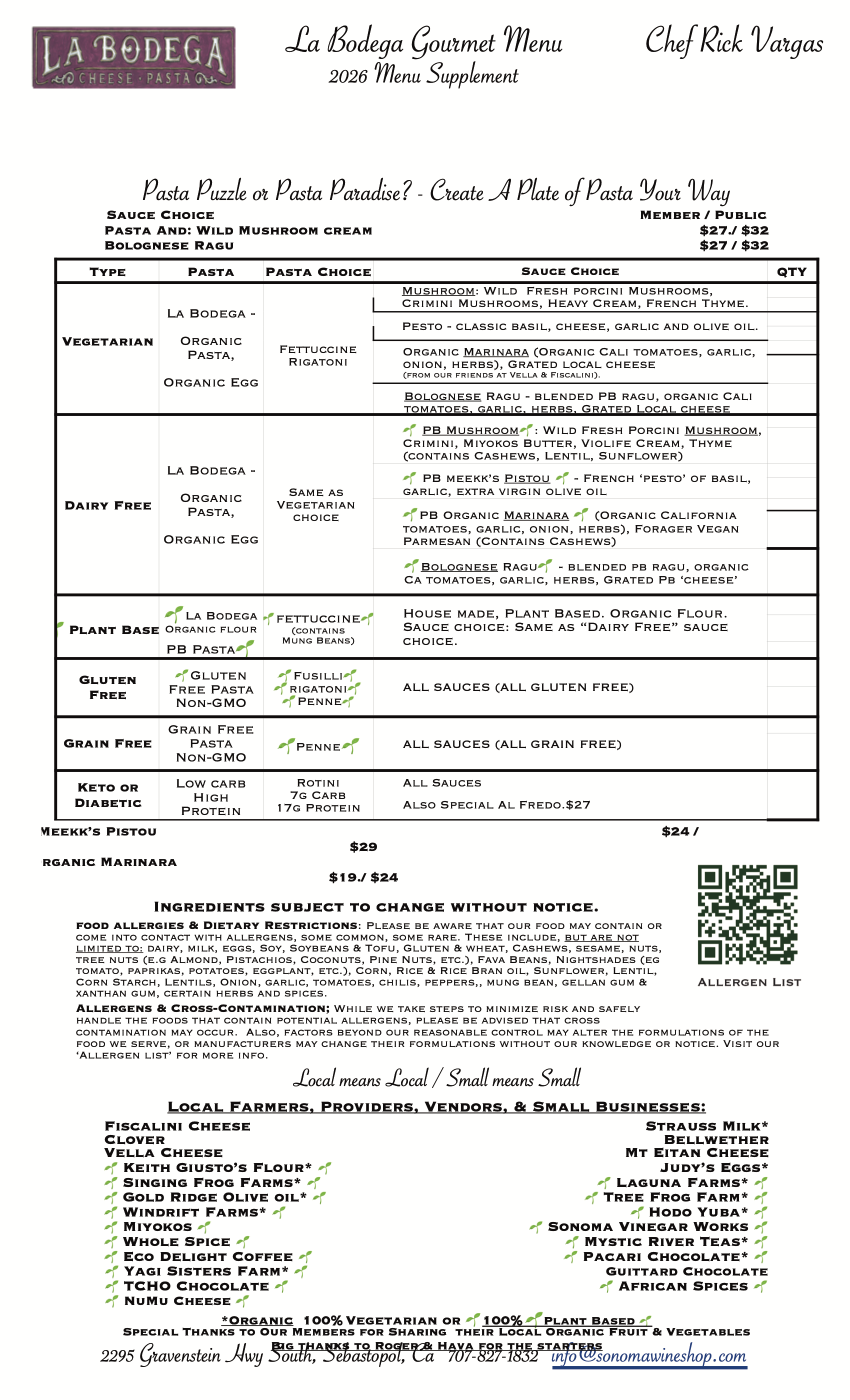 Menu Supplement - Pasta Puzzle? or Pasta Paradise ! -- We Support Local Farms, Dairies and More