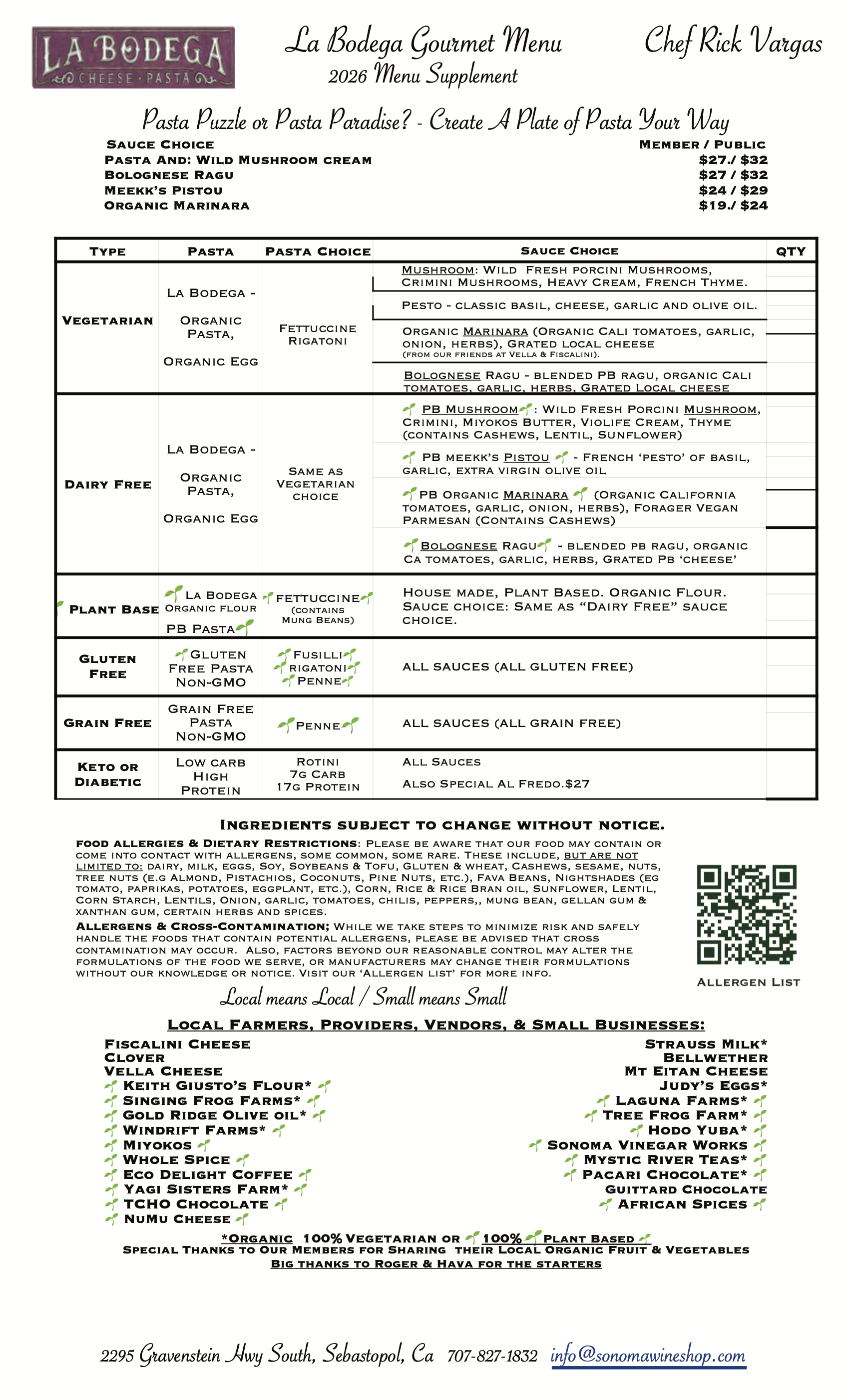 Menu Supplement - Pasta Puzzle? or Pasta Paradise ! -- We Support Local Farms, Dairies and More
