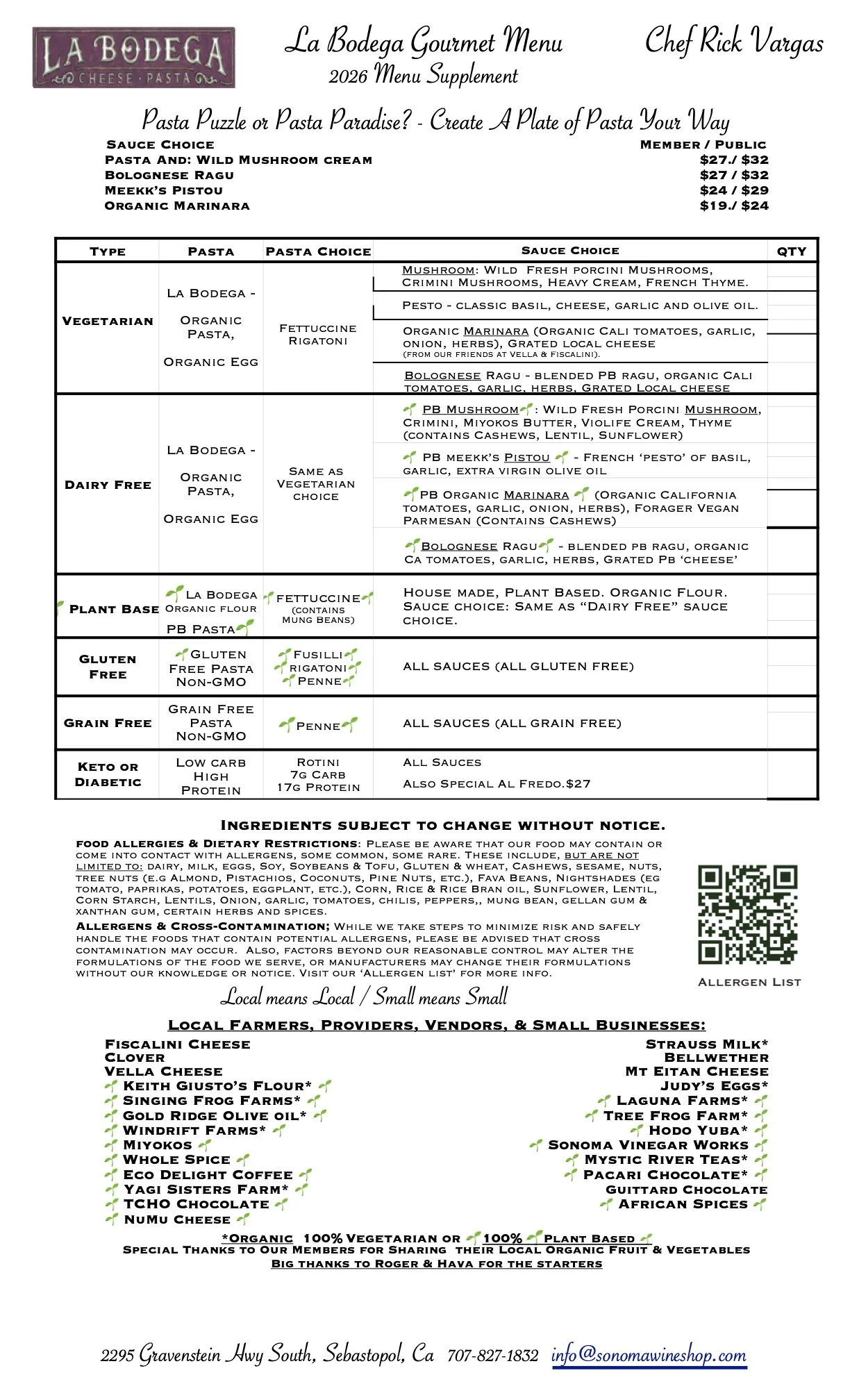 Menu Supplement - Pasta Puzzle? or Pasta Paradise ! -- We Support Local Farms, Dairies and More