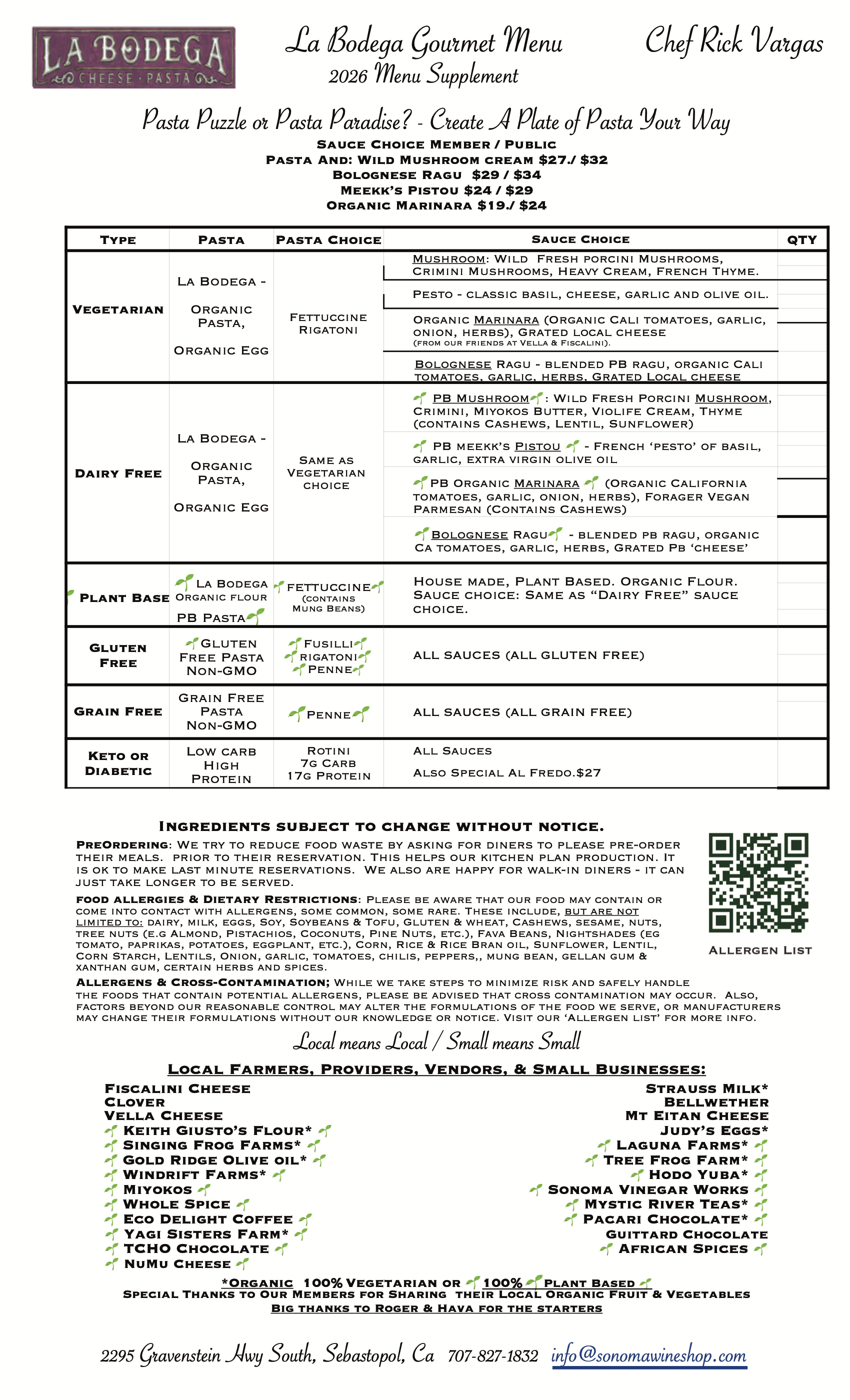 Menu Supplement - Pasta Puzzle? or Pasta Paradise ! -- We Support Local Farms, Dairies and More