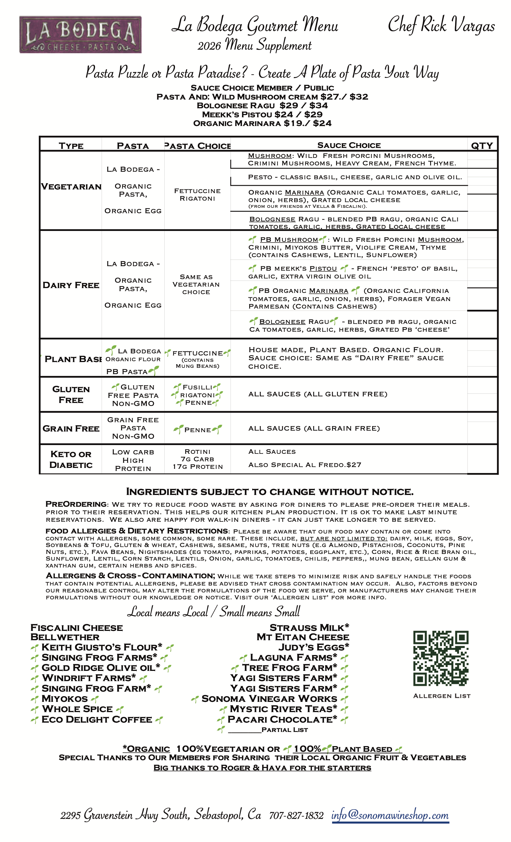 Menu Supplement - Pasta Puzzle? or Pasta Paradise ! -- We Support Local Farms, Dairies and More