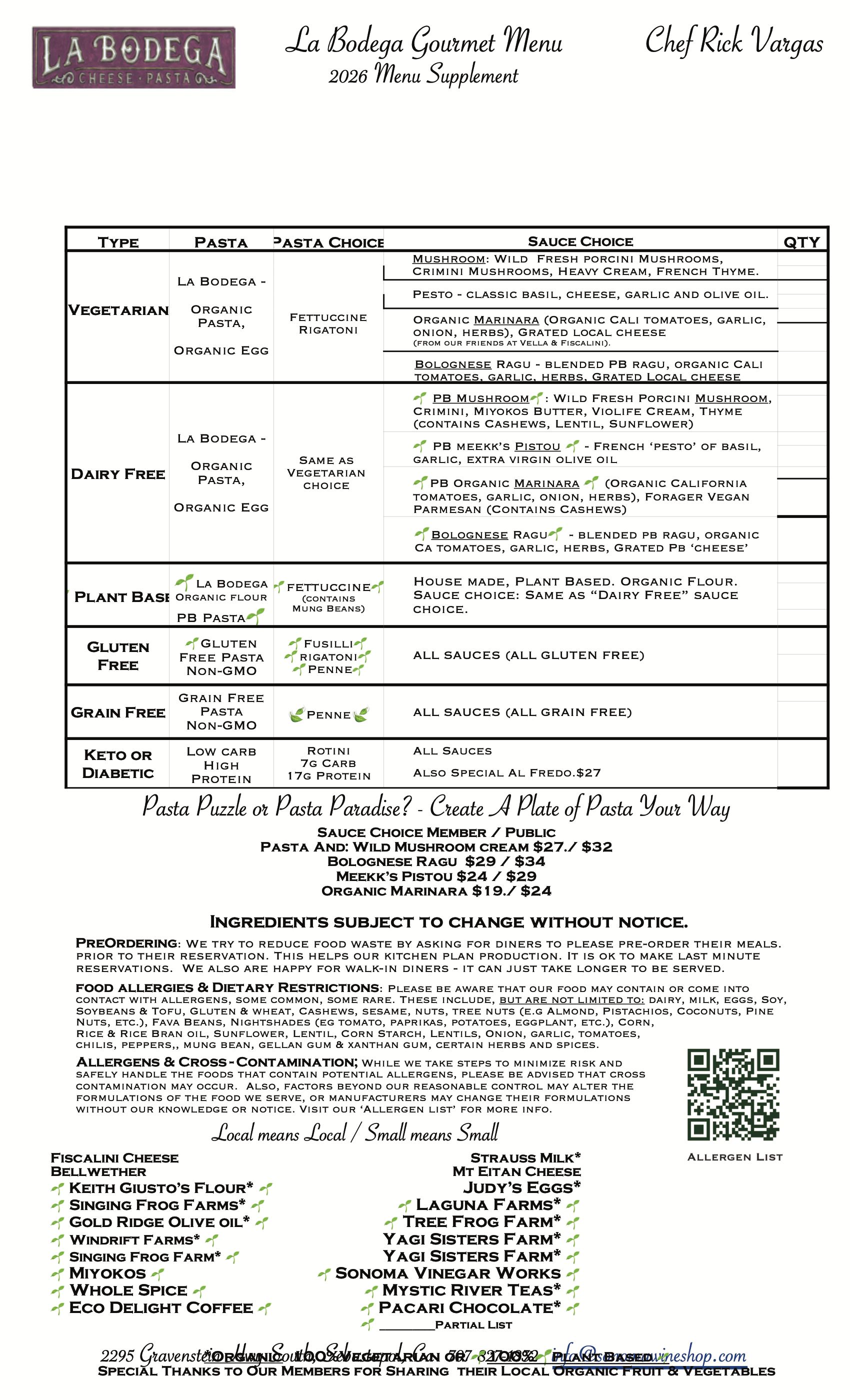 Menu Supplement - Pasta Puzzle? or Pasta Paradise ! -- We Support Local Farms, Dairies and More