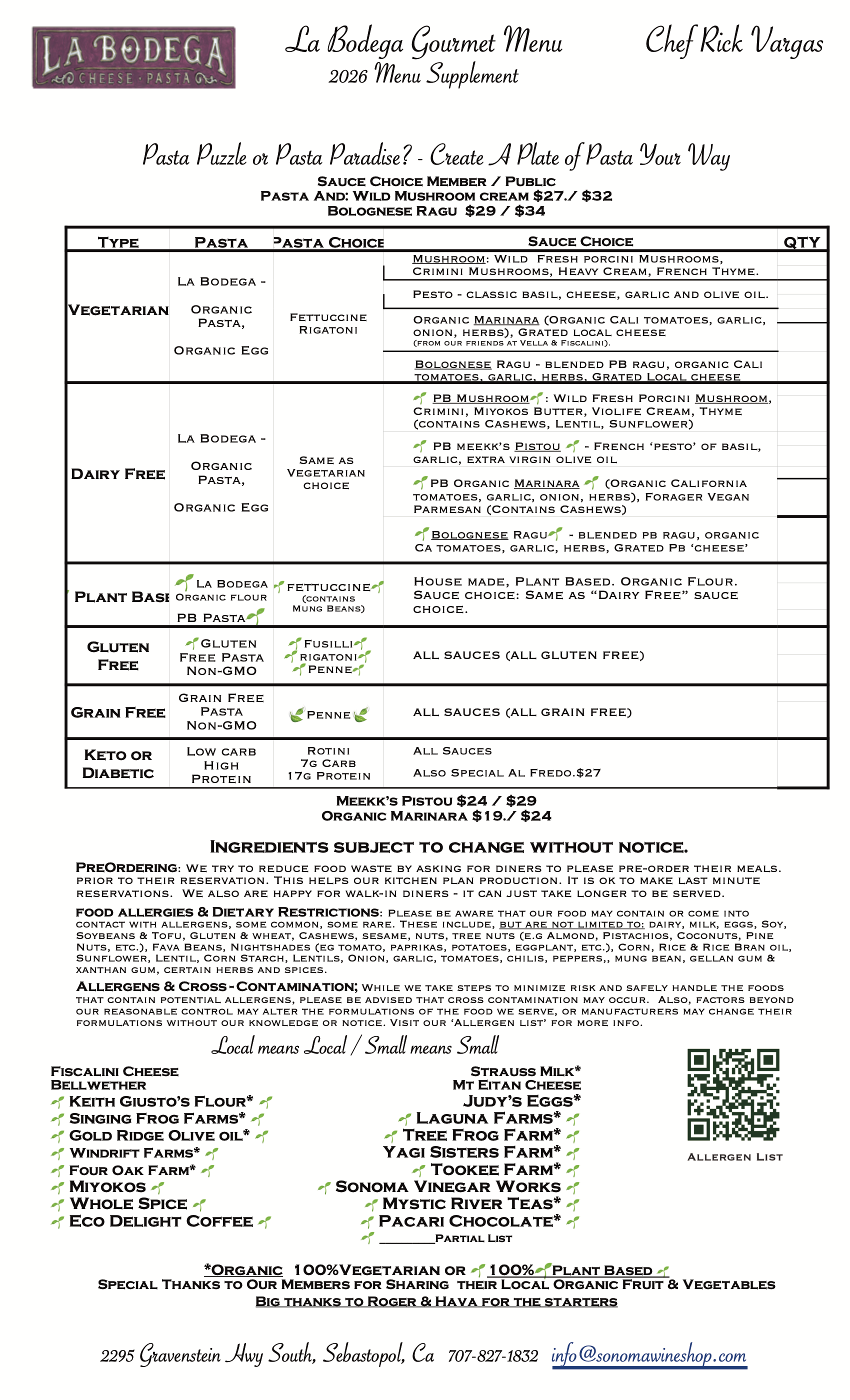 Menu Supplement - Pasta Puzzle? or Pasta Paradise ! -- We Support Local Farms, Dairies and More