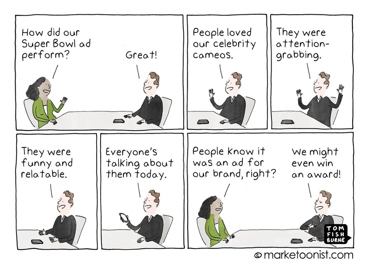 I'm loving all the epic Super Bowl and Olympic ads that just dropped! This cartoon is so true for many. If you blinked, you'd miss who that weird crazy commercial was even for. What were your faves? I'll be sharing mine later.