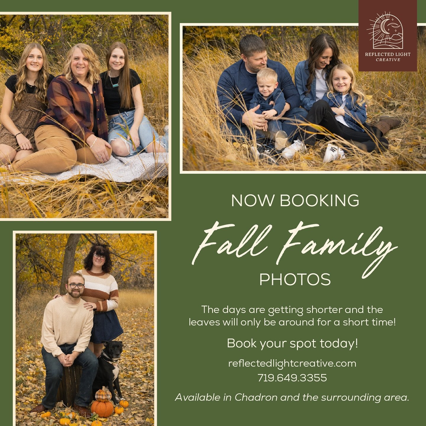 Now booking Full Fall Family Sessions. The golden leaves and warm colors won&rsquo;t last long &mdash; let&rsquo;s capture your family while autumn is at its best.

📸 Full sessions include plenty of time for multiple poses and groupings
🍁 Great for
