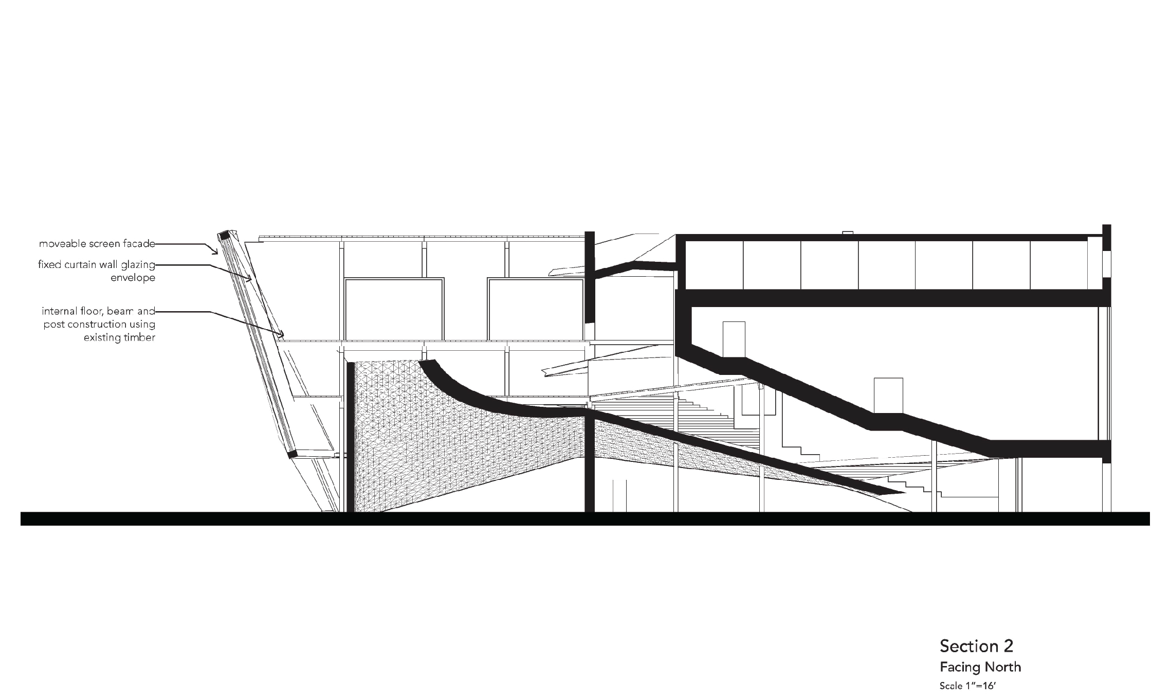 Reinvigorate an abandoned warehouse in Dumbo into film center. Sustainability through reusing the exterior brick and timber structure lattice inside as guide for design rather than something to fight against and express it fully through contrast instead of imitation.