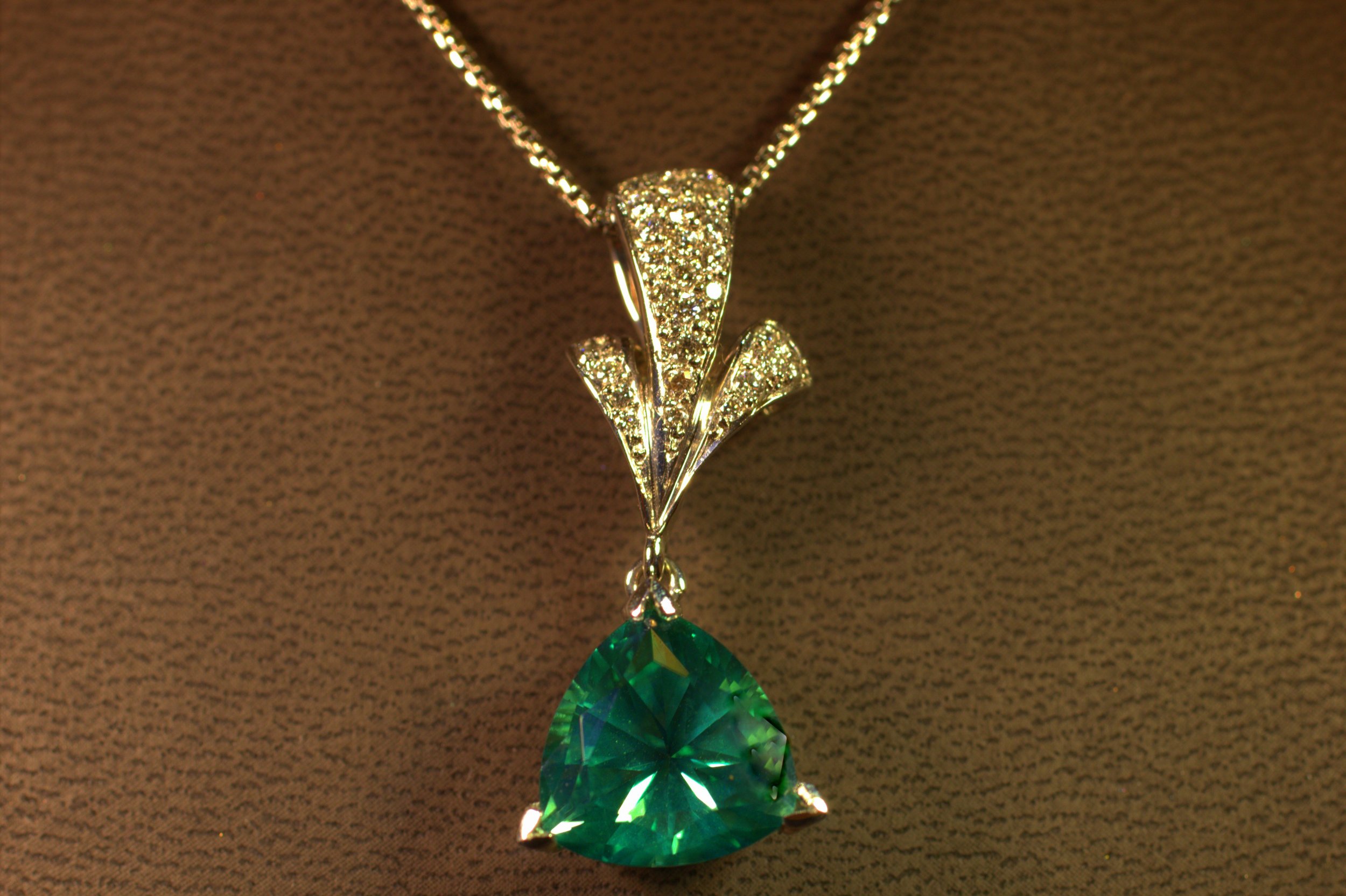 Custom seafoam green tourmaline custom designed by Mark Schneider beautiful light seafoam green pendant with diamond accent modern with a classic twist available at marlen jewelers in rocky river minutes from cleveland.jpg