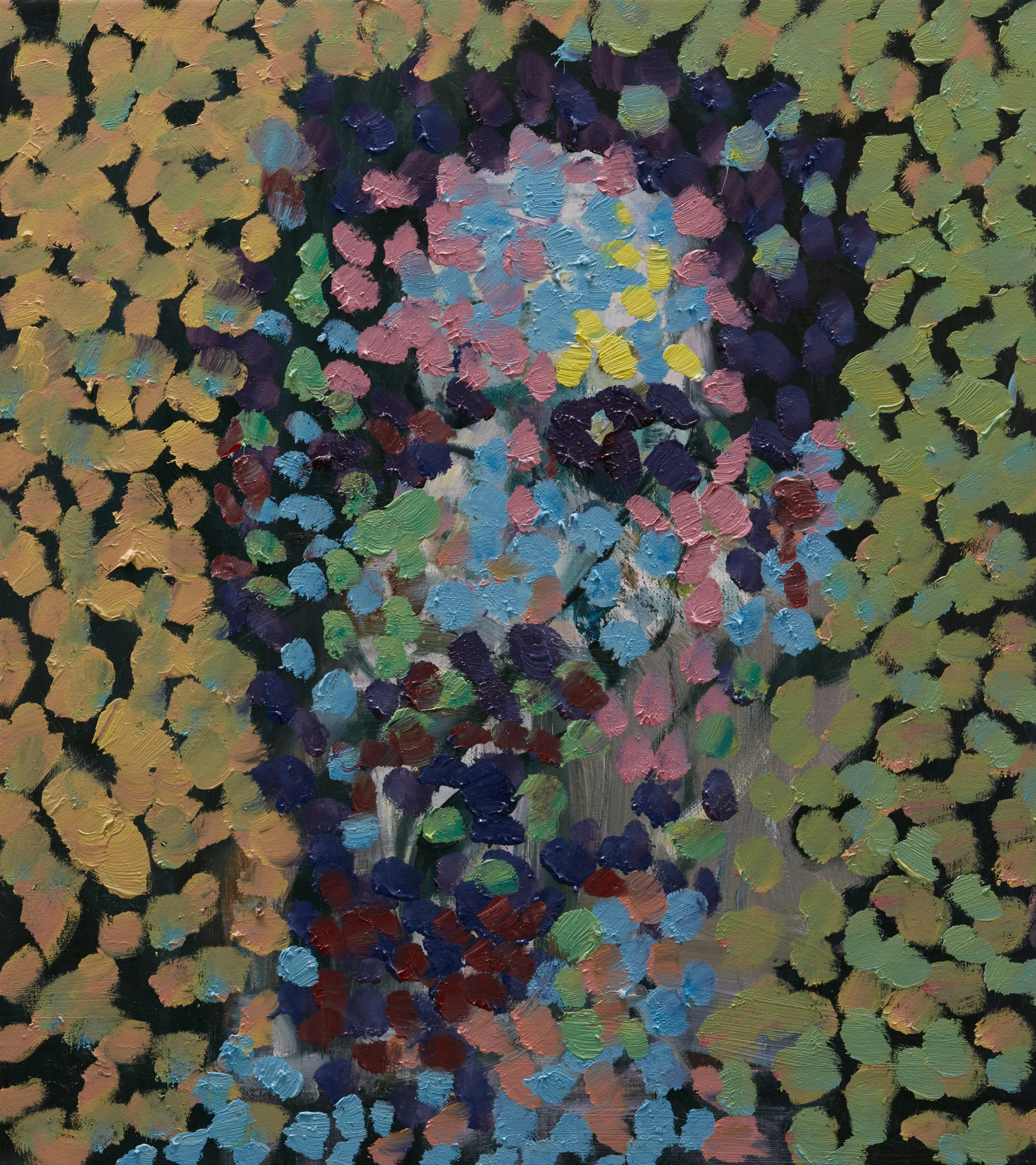 Pointalist self portrait study, 2018, oil on linen, 46 x 41 cm