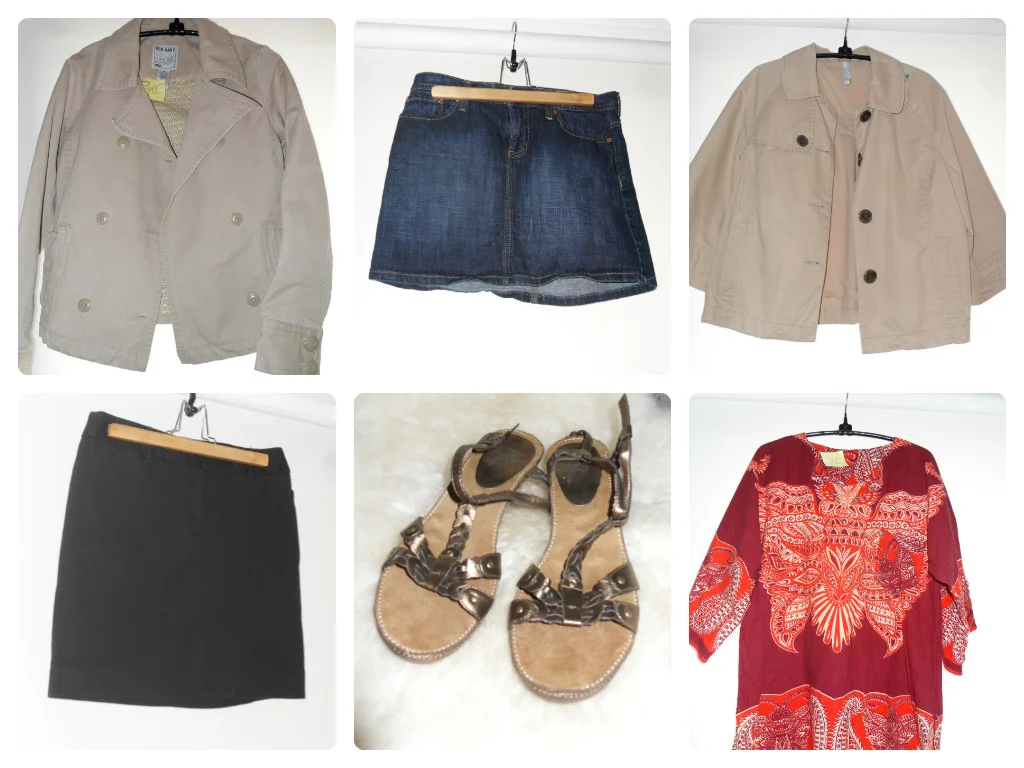 old navy cropped trench - $7.50, gap denim skirt - $3, (another) old navy cropped trench - $4, ann taylor black skirt - $3, aerosoles sandals - $3, vintage tunic - $1.50
