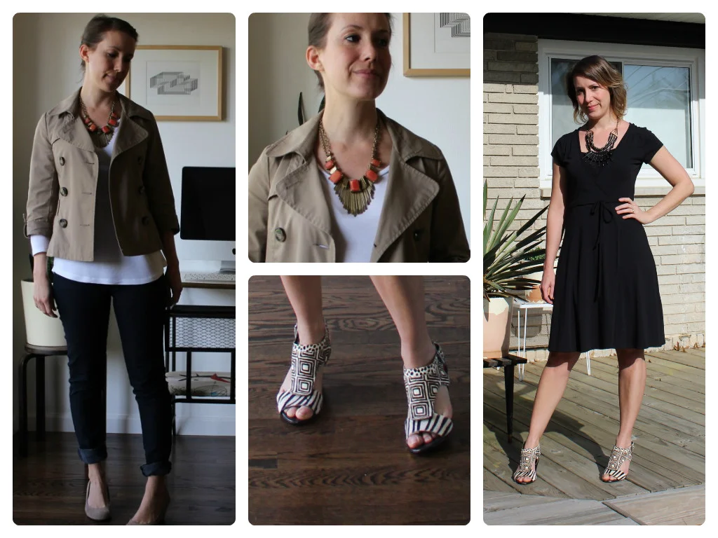 Left - trench: h&m; tee: old navy; jeans: james jeans; shoes: target; necklaces: old navy and the other purchased in Paris. Right - dress: old navy; necklace: thrifted target via goodwill; shoes: nine west (last summer)