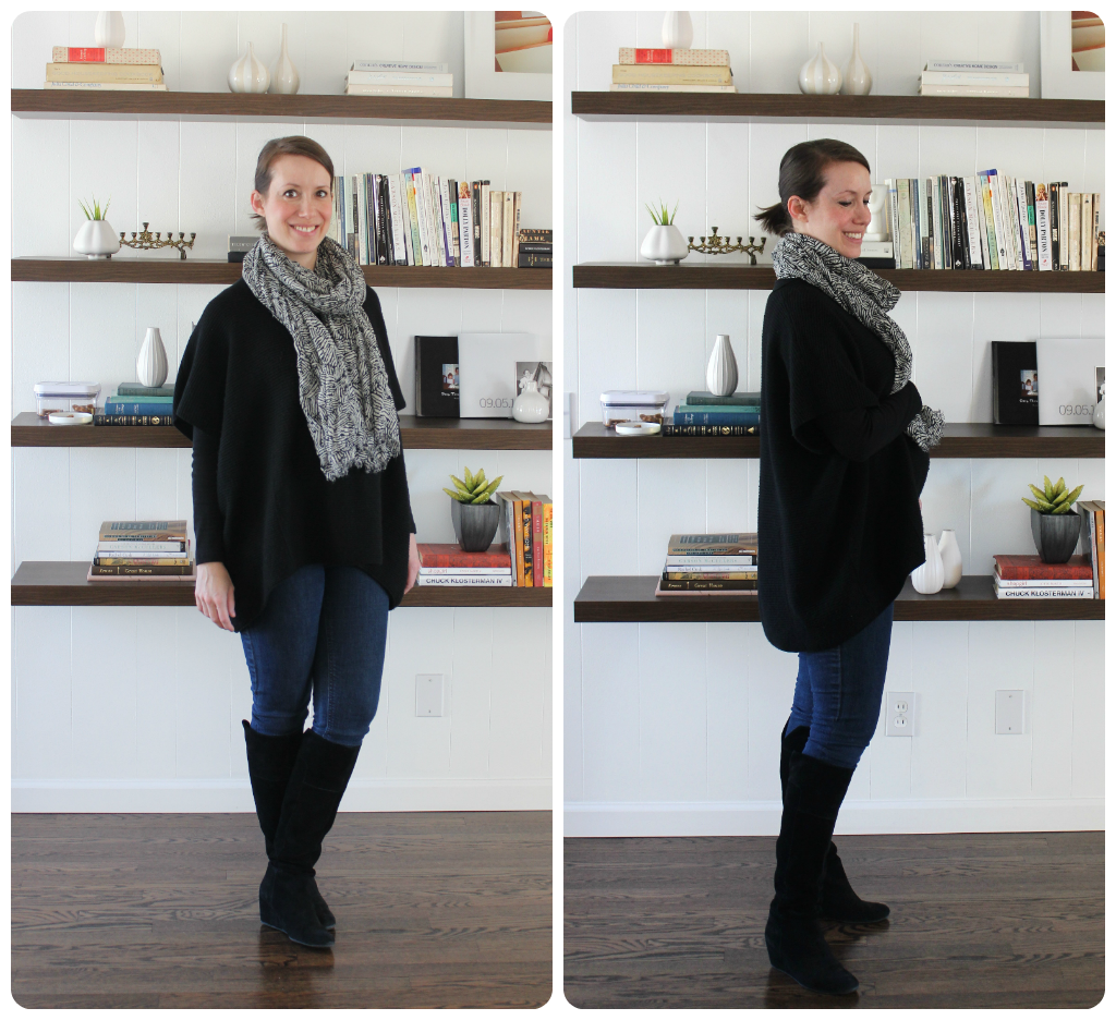 Vince sweater, thrifted Indigo Blue maternity jeans, Nine West boots, Target scarf