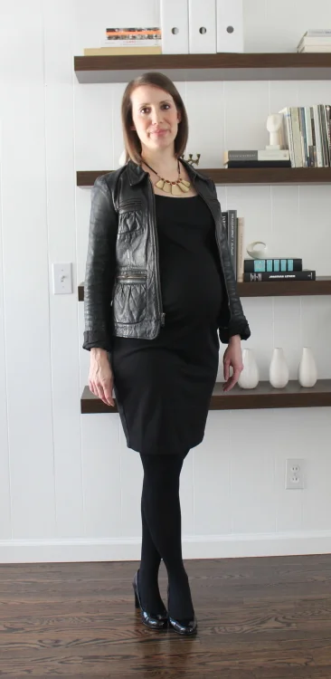 JC Penney necklace, Old Navy dress , old Banana Republic leather jacket, H&M Maternity tights , Nine West pumps ( similar )