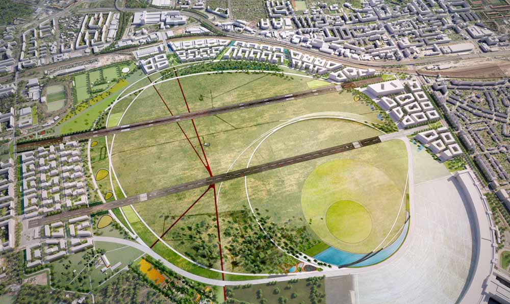 An artist's conception of the project. The proposed housing projects are in white on the left, top, and right of the photo.