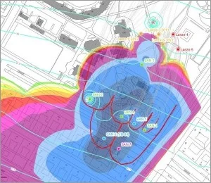 Contaminated area underneath the former Berlin City Gas Facility. Danziger Str. runs left-right through the image, Greifswalder Str. runs top-to-bottom on the right side.