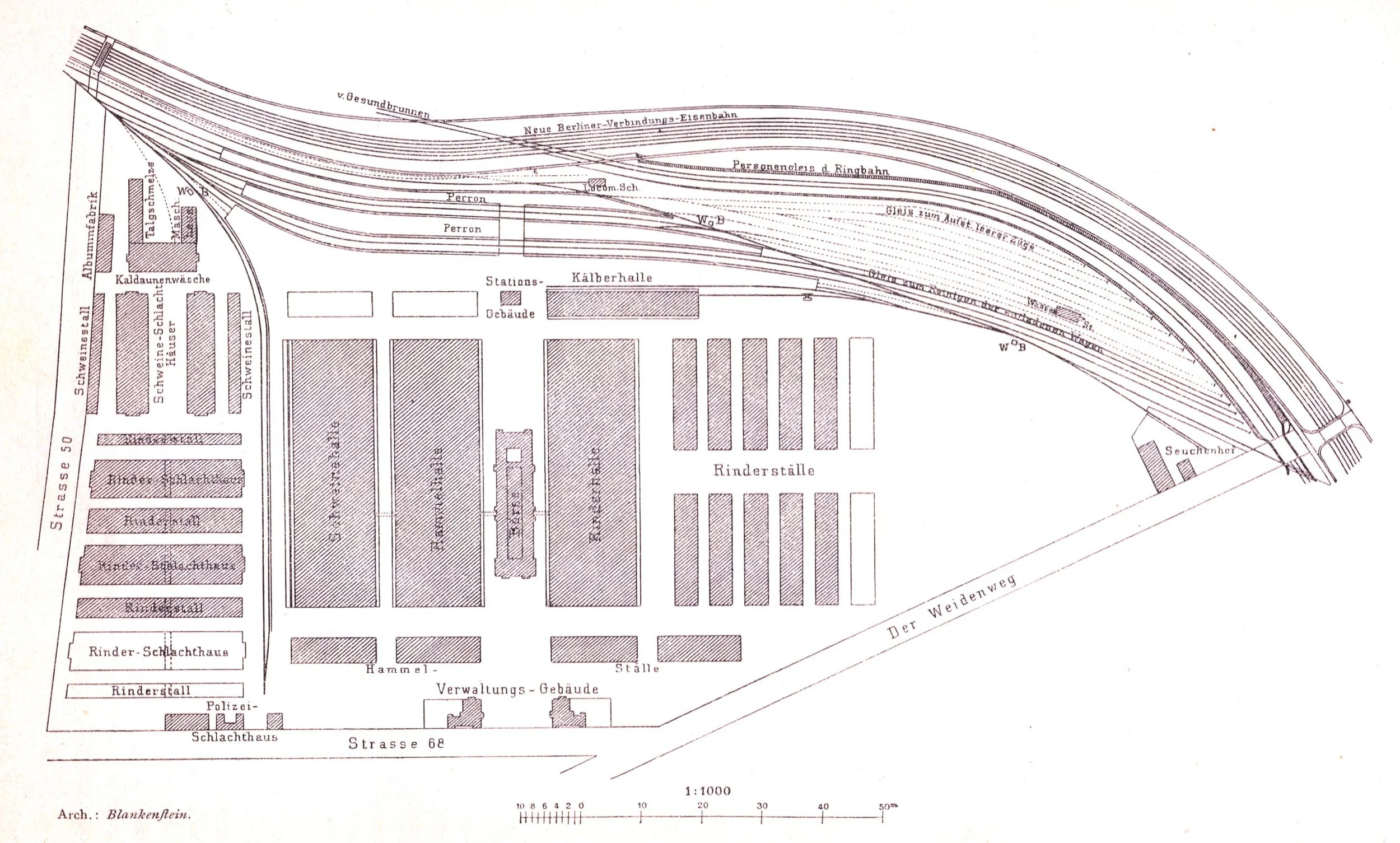 The layout of the original slaughterhouse. “Der Weidenweg” is now called. Eldenaerstr. Source .