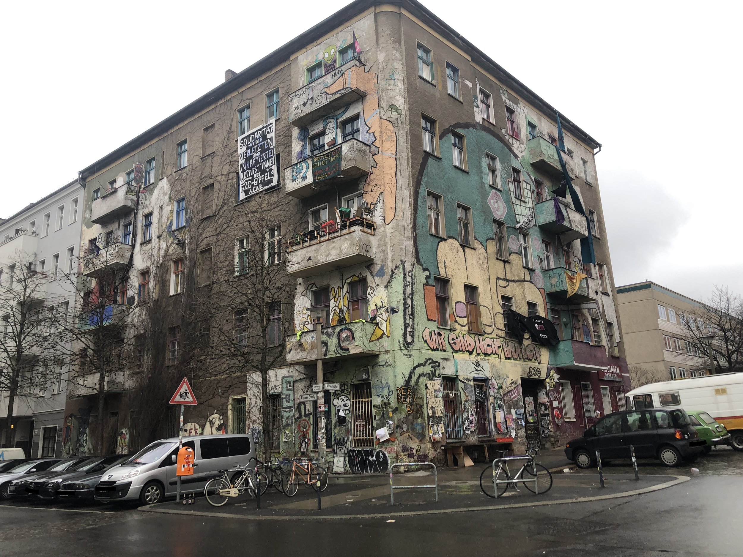 Another occupied house at the corner of Rigaer and Liebigstraße in Berlin. These brightly colored buildings are a few of the last remaining strongholds of the squatter movement in Beriln.