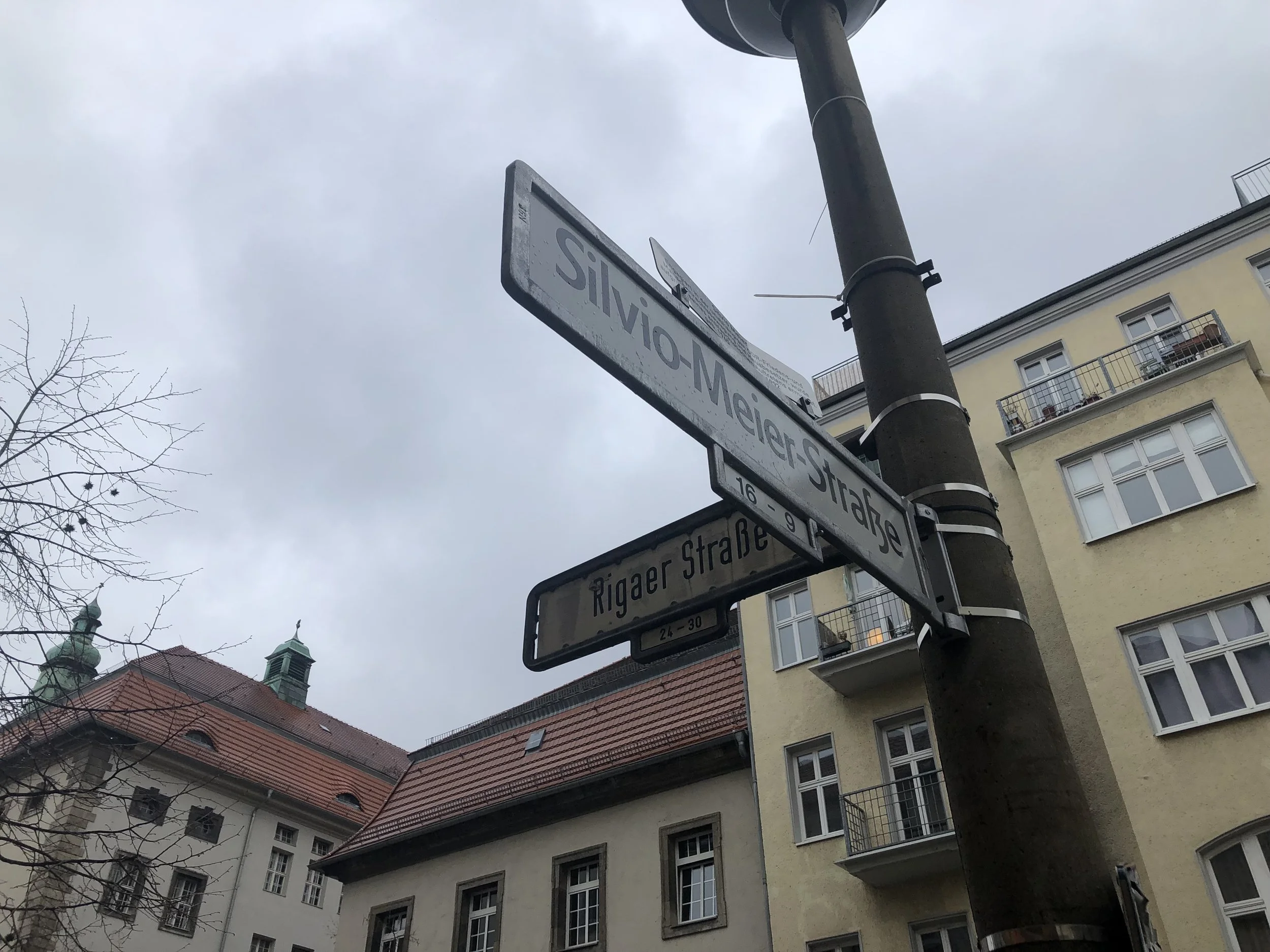 Intersection of Rigaer Straße and Silvio Meier Straße. Silvio Meier was a leftist activist who was murdered by Neo-Nazis in 1992.