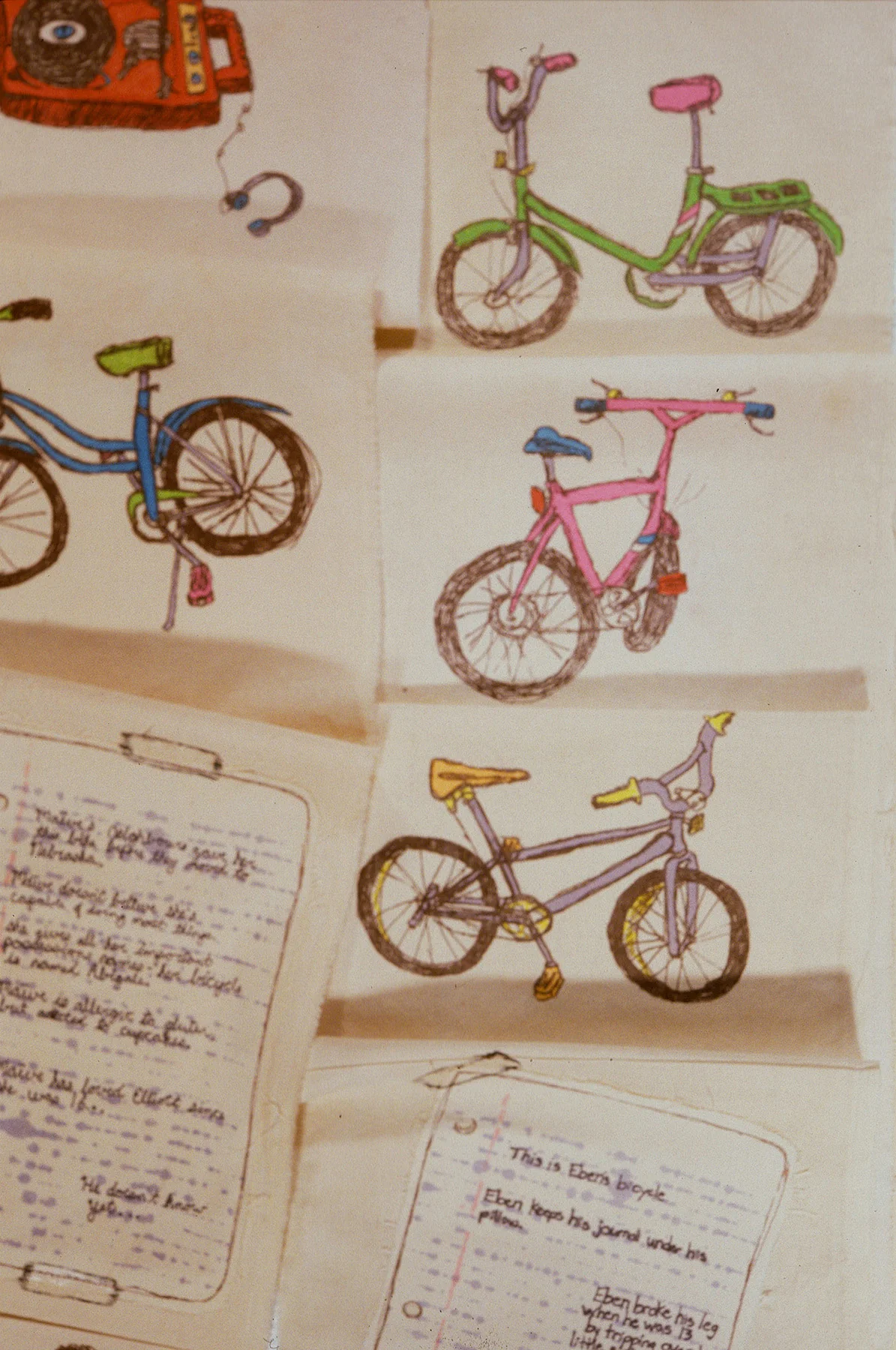 Doubling (detail), 2005 Doubling was a 6 panel wall hanging. Each panel pictured a bicycle, a handwritten note about the bicycle's (fictional) owner, and a picture of a detail from the note. SOLD.