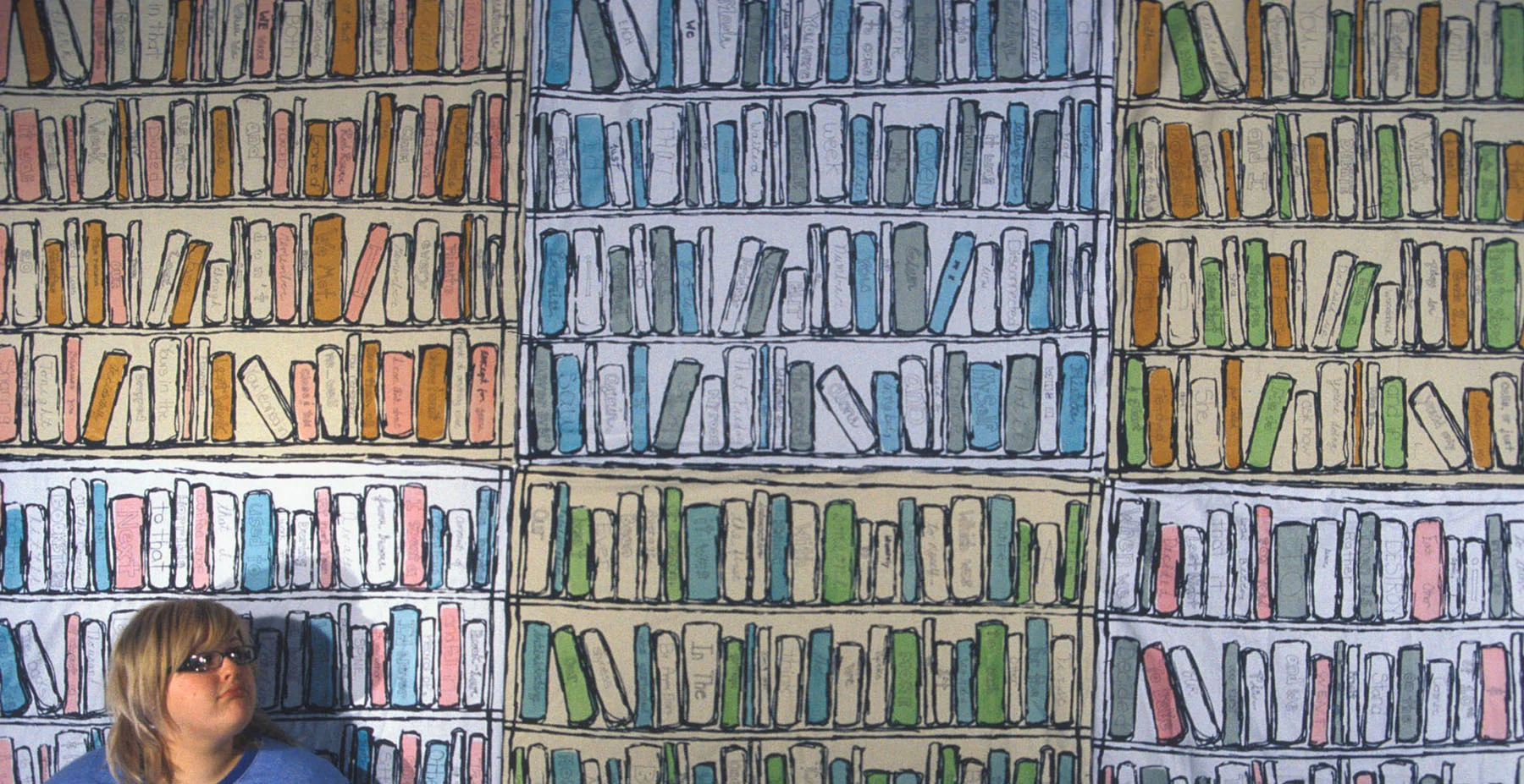 book shelf, 2005 This was a large scale screen printing project that was 6 different stories hand written onto the spines of the books in each edition of the print, each story depicting different ways that books can propel people into each others lives. 