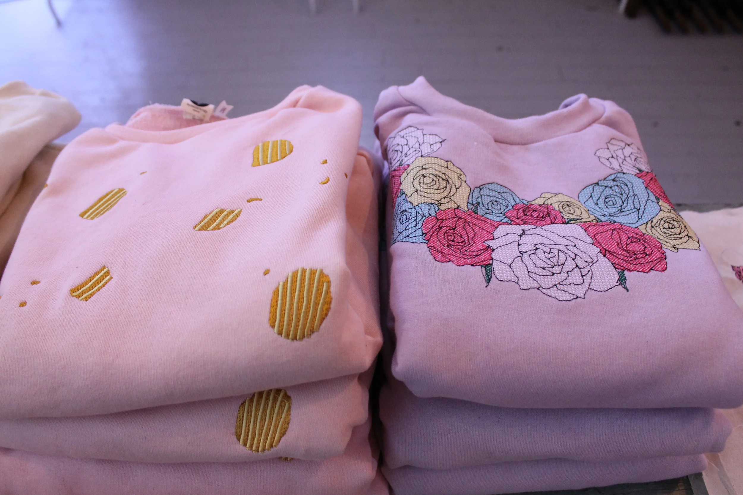 Collaborations with Rosehound Apparel in 2014- pictured here is a rose garland embroidered sweatshirt.