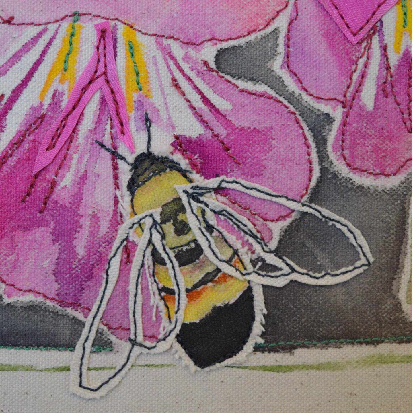 Hand painted bumblebee perching on a desert willow flower, machine stitch embellishment. 

I want to invite you to join me for the opening of my art exhibition&nbsp;in Santa Fe on Friday, May 19th, 4pm-7pm at @howyoureside .&nbsp;

Please&nbsp;bring 