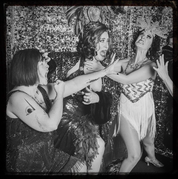One of my favorite shots from the night....my friend Nancy fighting with some of performers, the Chanteuse Wiggy Darlington and the Burlesque dancer Sid Scenic
