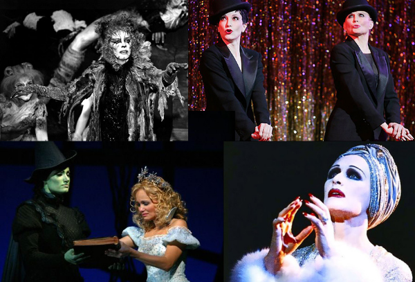 (Clockwise from top left) Betty Buckley in CATS, Bebe Buewirth & Ann Reinking in CHICAGO , Glenn Close in SUNSET BOULEVARD , Kristin Chenoweth & Idina Menzel in WICKED