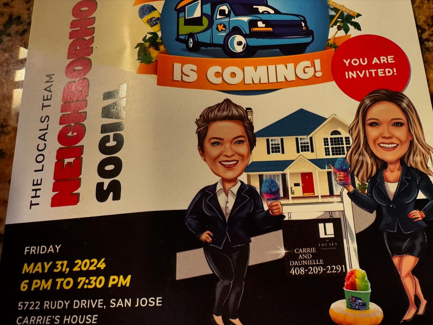 I love it when your friend and awesome mom neighbor shows up in your mailbox, as a awesome and badass cartoon character. Super bummed we can&rsquo;t make the Kona Ice truck at the end of the month. Bet it&rsquo;s going to be a great party. @carrie_ca