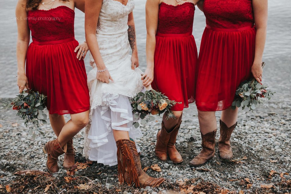 Detail of bridal bouquets and cowboy boots | Victoria BC Wedding Photographer