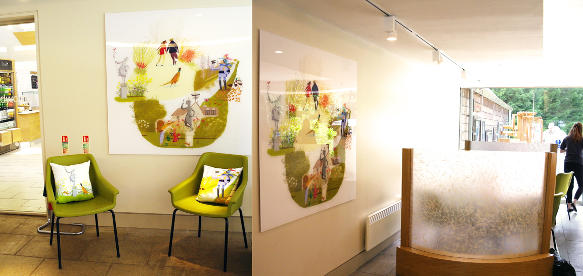 I was commissioned by Anglesey Abby a National Trust property in Cambridgeshire to create an illustration of the property and the grounds through the seasons. It was a really great commission and this week the illustration has been hung in the reception area and parts of the illustration have been used to decorate cushions also in the reception. 