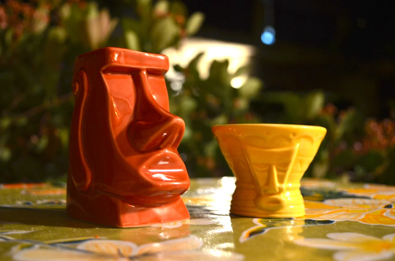Derek Yaniger -designed Tiki shot glasses. Manufactured by Tiki Farm .