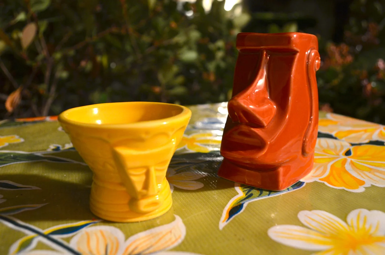 Derek Yaniger -designed Tiki shot glasses. Manufactured by Tiki Farm .