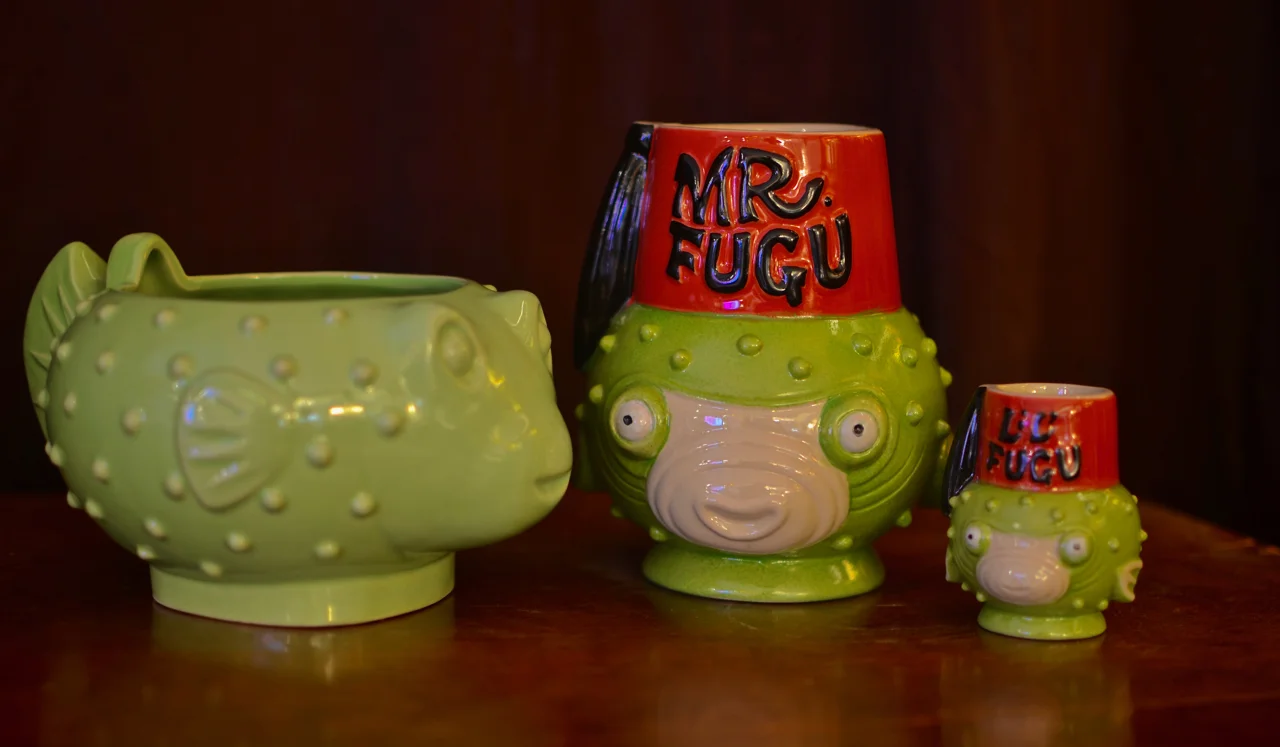 Some of Tiki Farm's fugu mugs.