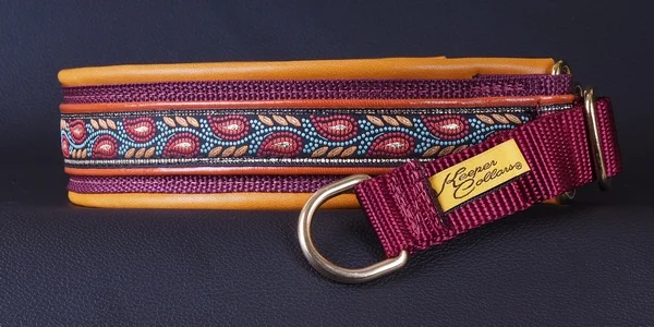 Dbl Leather 1 1_2 Flame Leaves on Rust Leather on Burgundy with Orange Leather Brass.jpg
