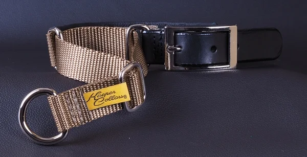 This is our Keeper Hidden Prong Collar with the Leather Buckle option. This option replaces the snap buckle with a more traditional leather and metal buckle while retaining the Keeper Collar tug. This is an additional cost option that you can select from the Option page.