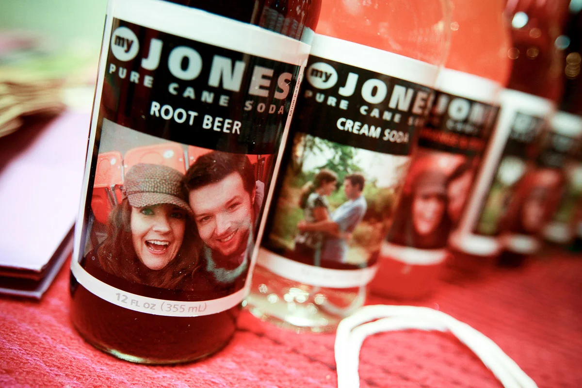 Custom Jones Soda wedding favors at a Catalyst Ranch wedding.