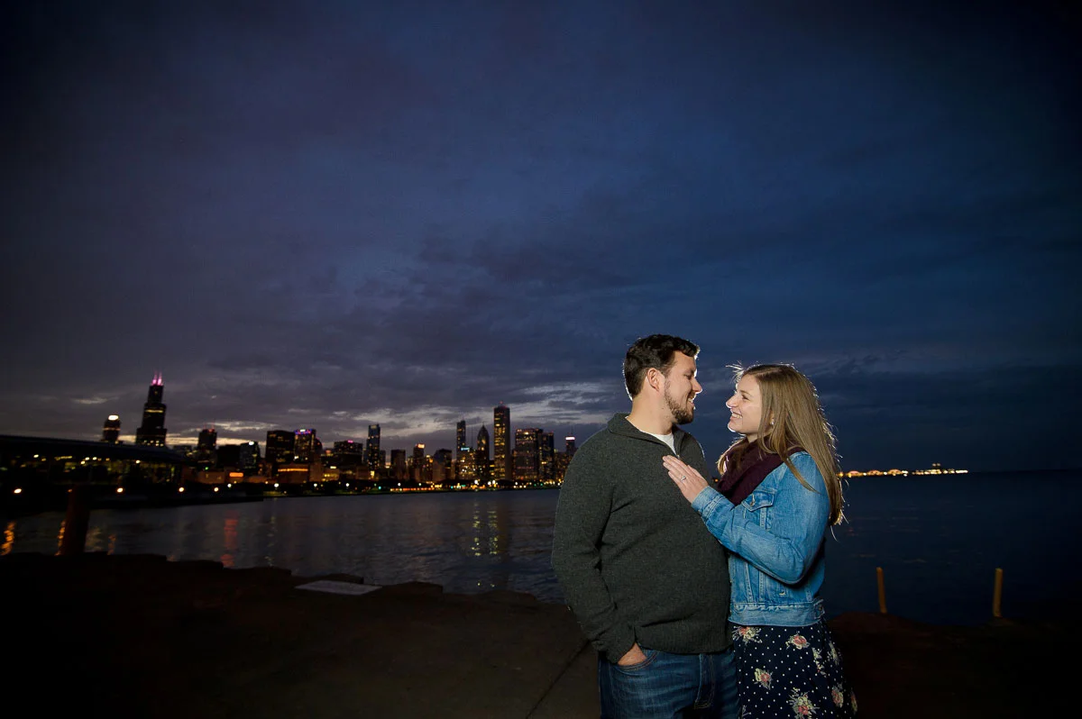 Chicago engagement session with fall colors at Lakeshore East Park. 