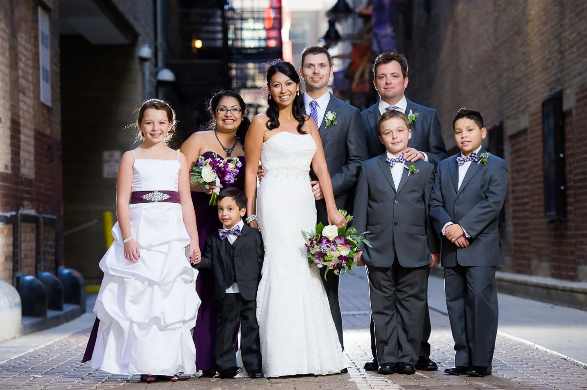 Bride & groom together near the Chicago Theater.
