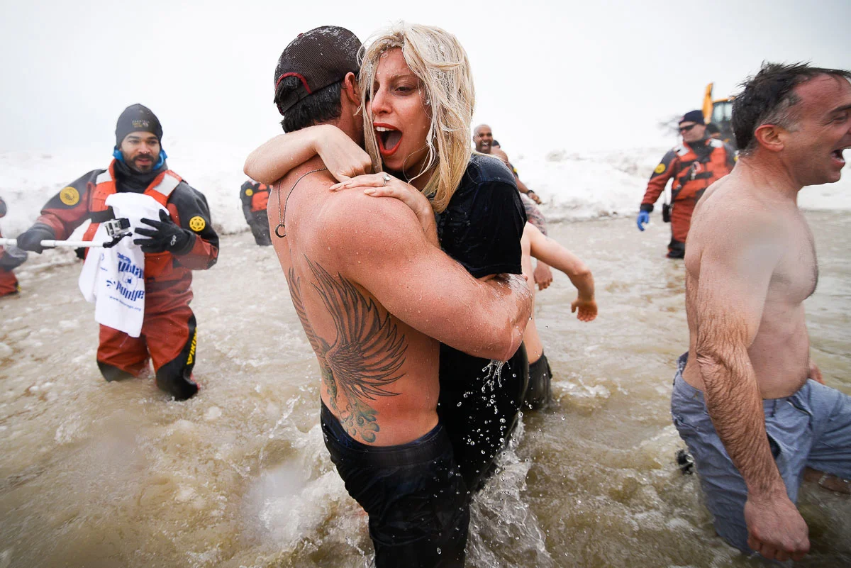 Lady Gaga and fiance Taylor Kinney during the 2015 Special Olympics Polar Plunge at North Avenue Beach Chicago. 