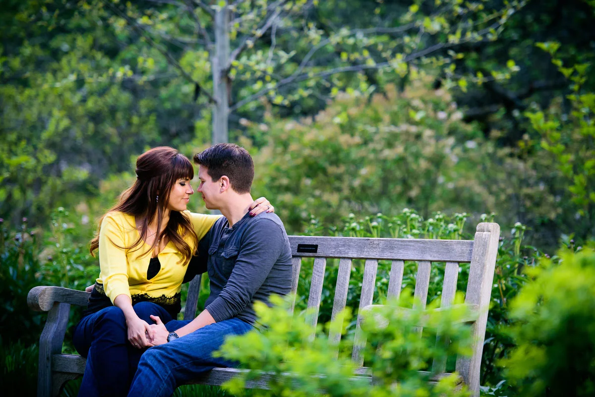 Couple's engagement photos in the fragrance garden at the Morton Arboretum. 