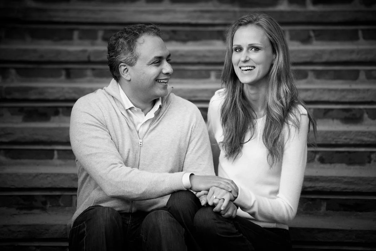Bride & groom share a laugh during their engagement session at the Chicago Botanic Gardens.