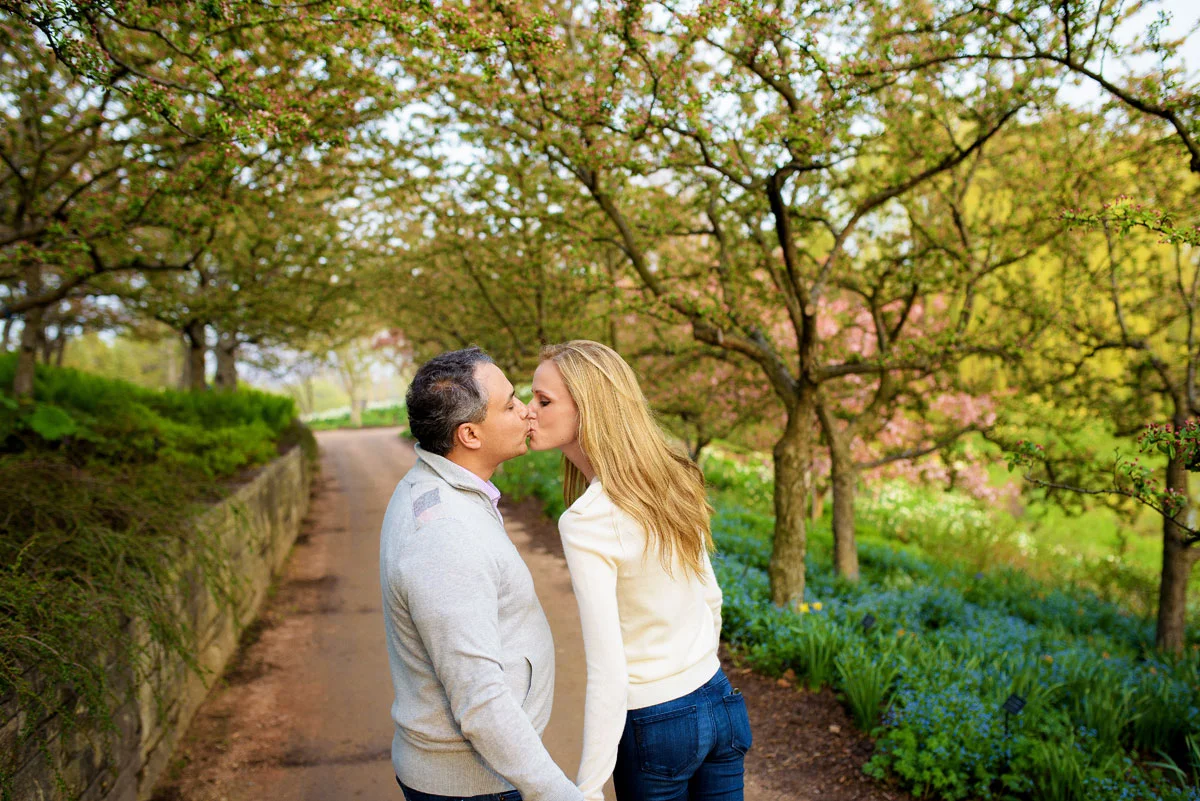 Bride & groom kiss at the Chicago Botanic Gardens during their engagement session.