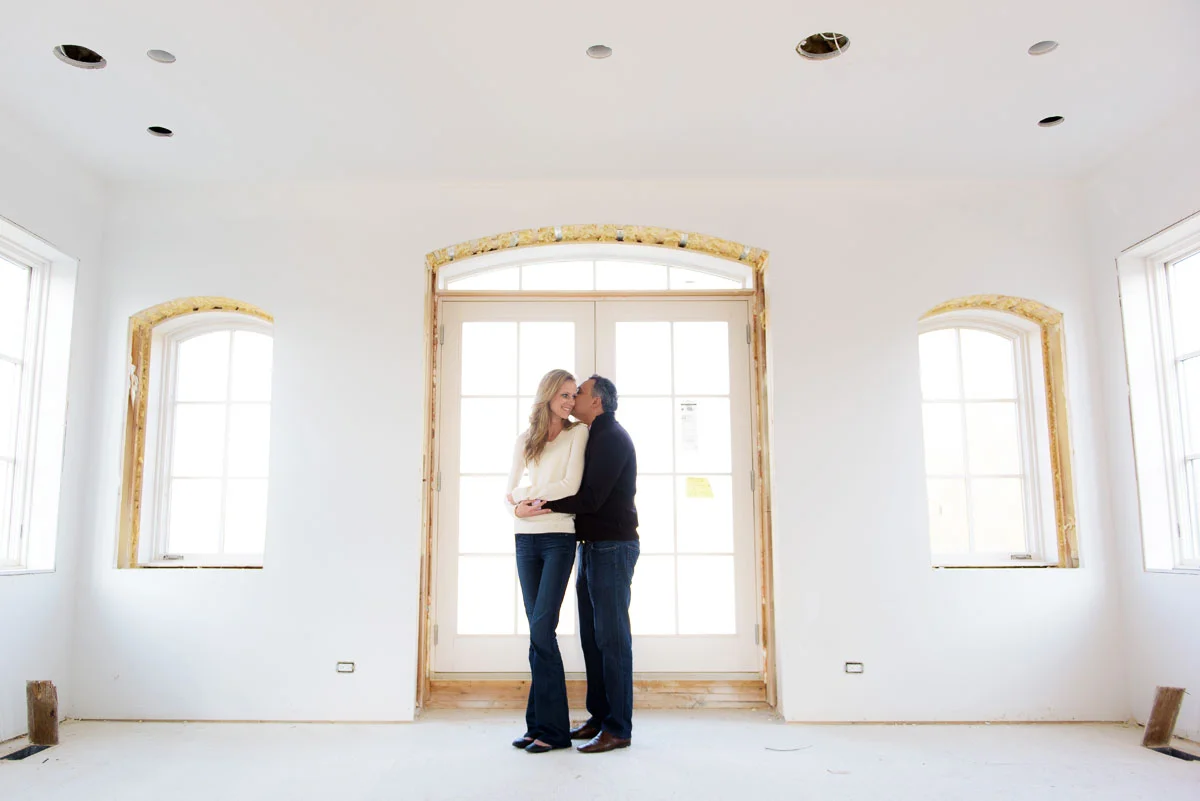 Chicago engagement photo of the couple at their newly constructed Wicker Park home. 