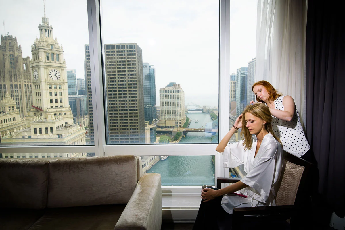 Bride getting ready at the Trump Tower Chicago on her wedding day. 