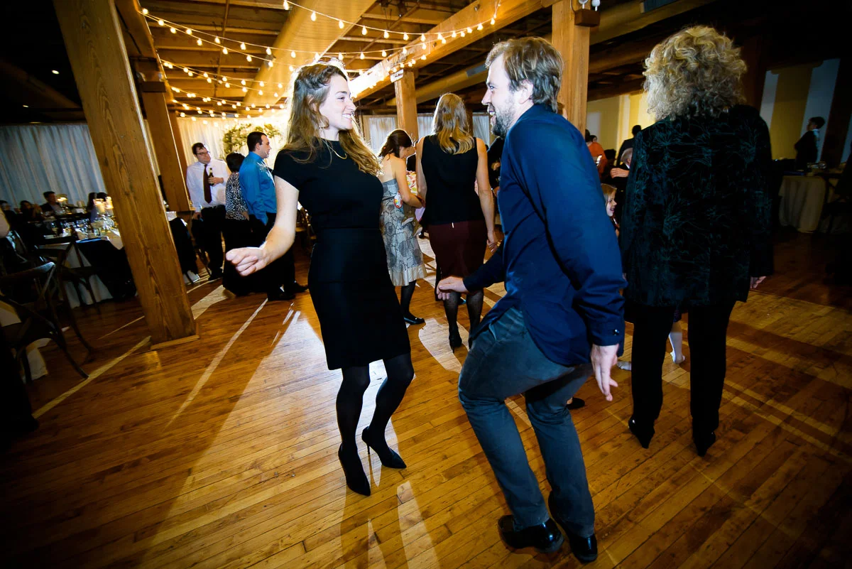 Guests dance during a Bridgeport Arts Center wedding. 